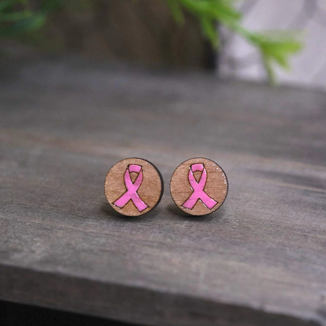 Wooden Cancer Ribbon Studs (5 Pairs)