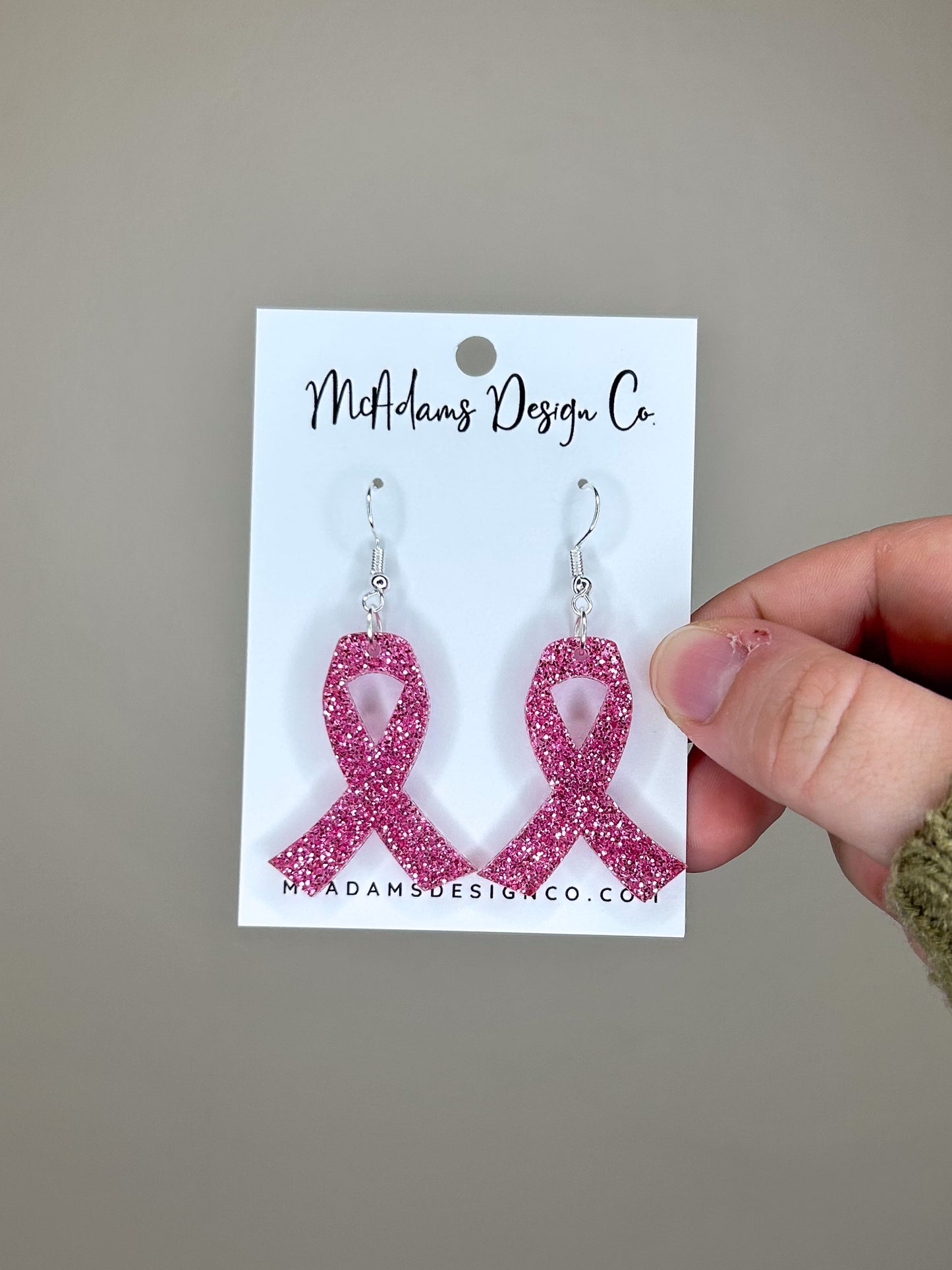 Glitter Breast Cancer Ribbon Acrylic Earrings
