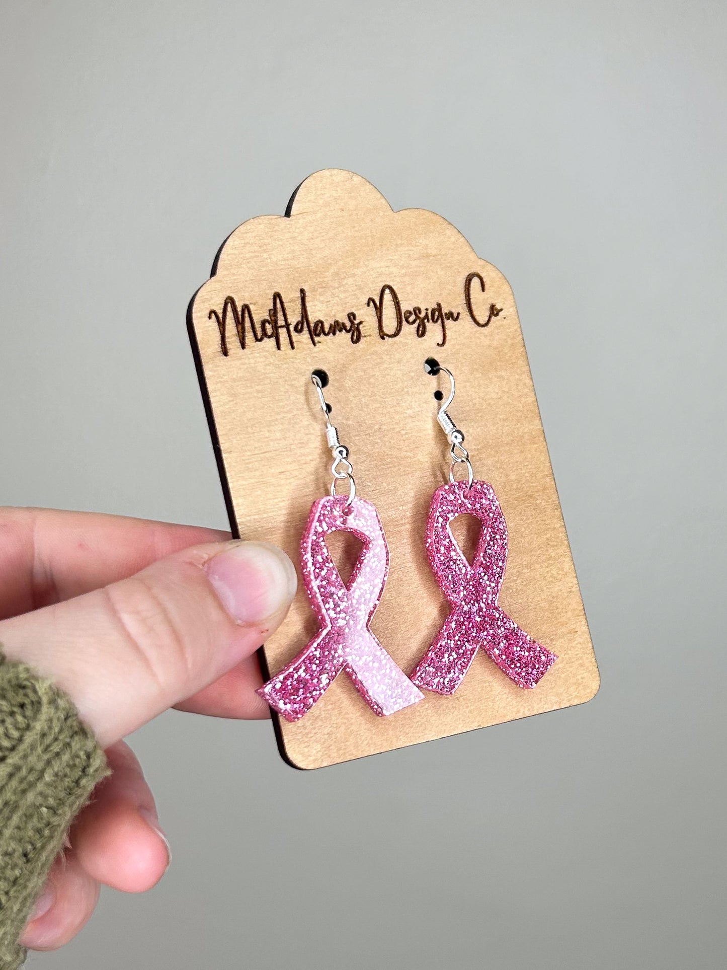 Glitter Breast Cancer Ribbon Acrylic Earrings