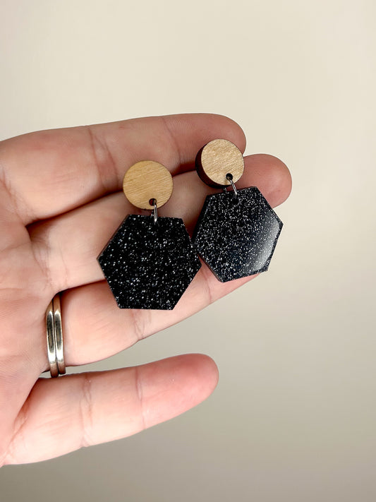 Black Glitter Hexagon Earrings