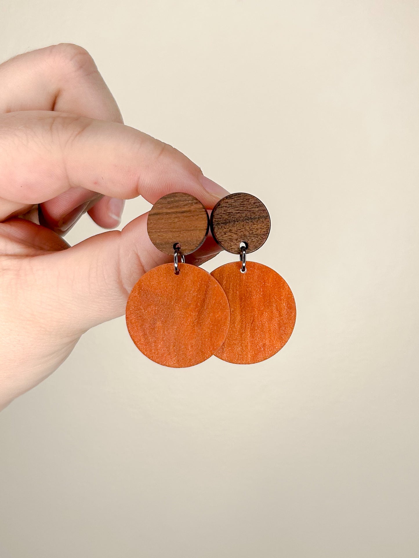 Small Wood & Orange Pearl Earrings (5 Pairs)