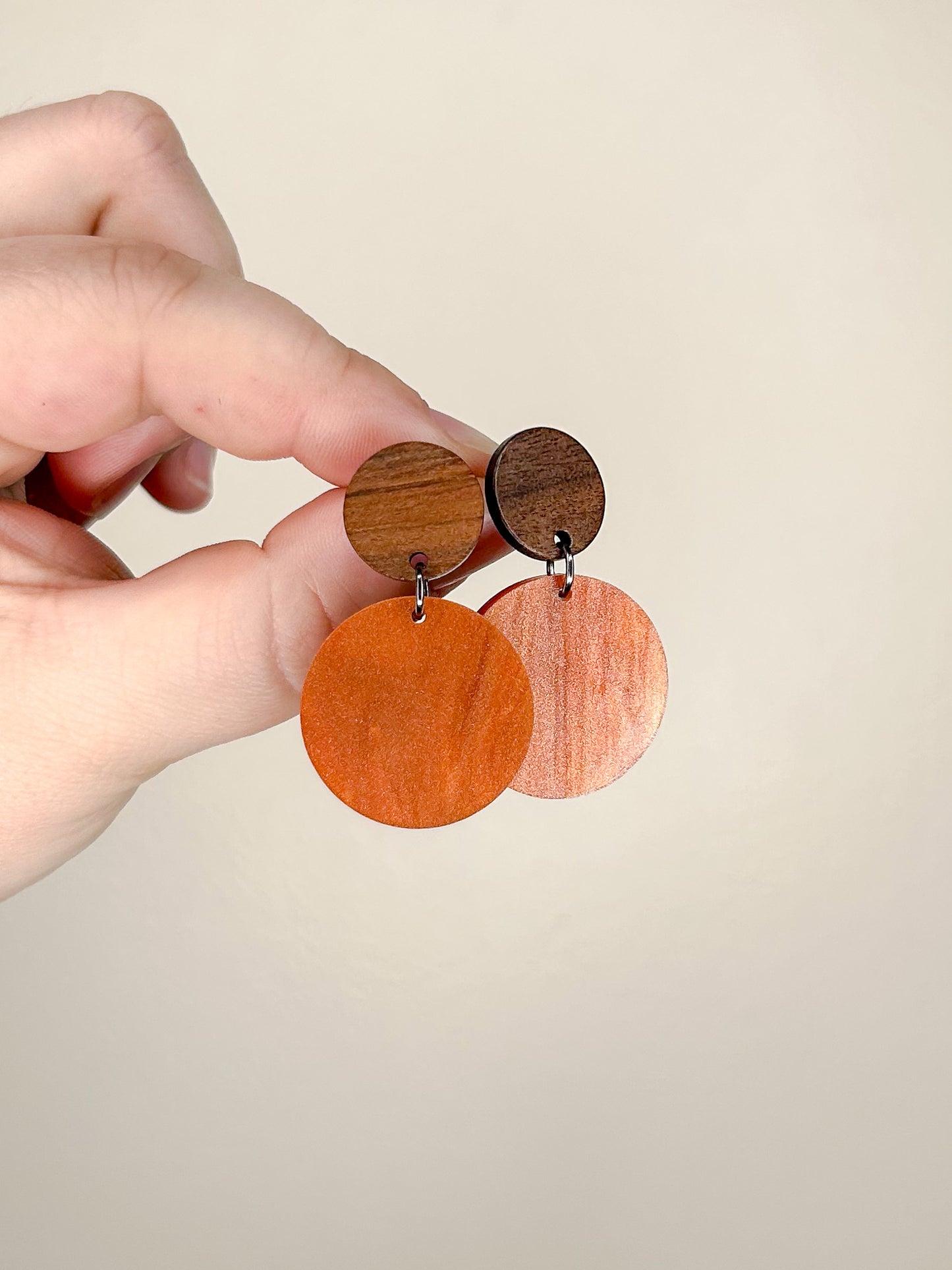 Small Wood & Orange Pearl Earrings (5 Pairs)