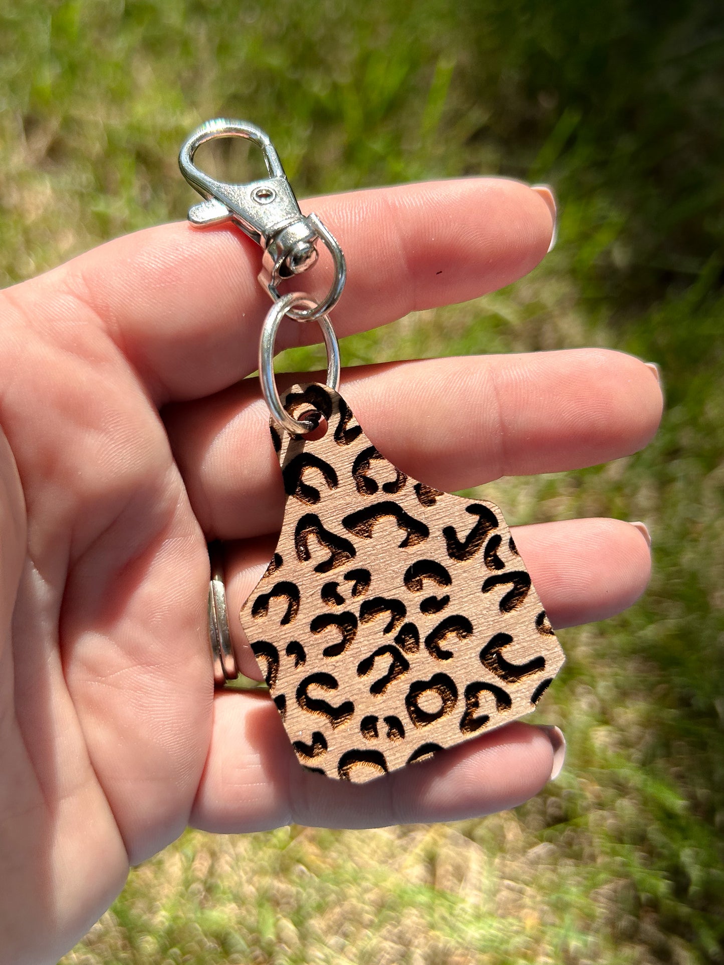 Leopard Engraved Cow Tag Keychain