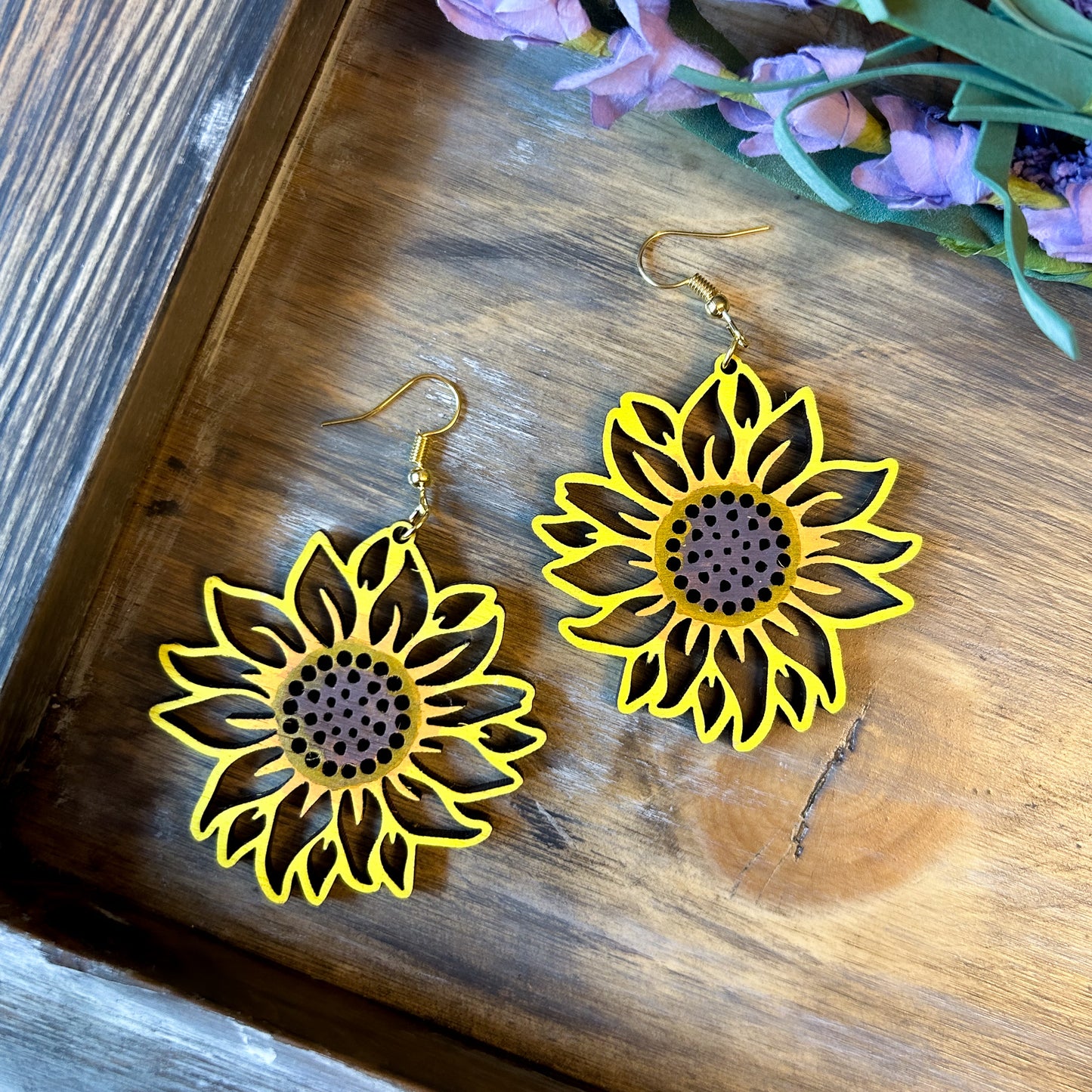 Painted Sunflower Wooden Earrings