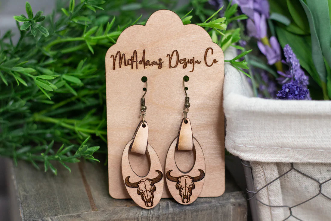 Wooden Cow Skull Earrings (5 Pairs)