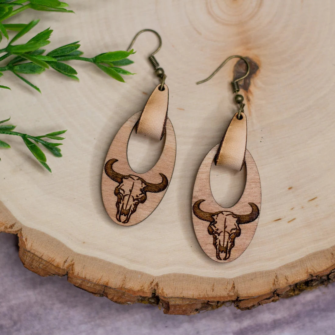 Wooden Cow Skull Earrings (5 Pairs)