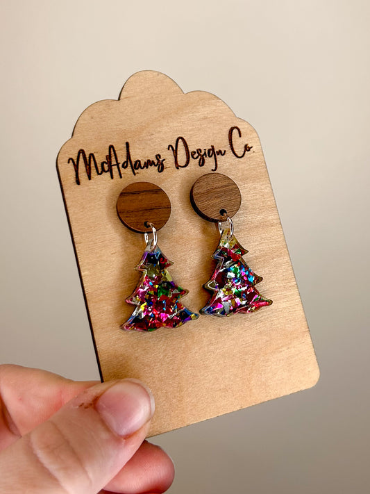 Chunky Rainbow Glitter Tree Acrylic Earring