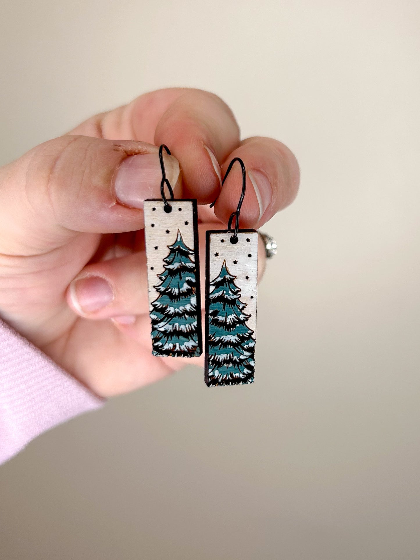 Snowy Pine Wooden Earrings