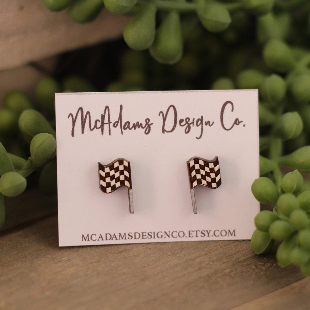 Checkered Flag Wooden Stud Earrings