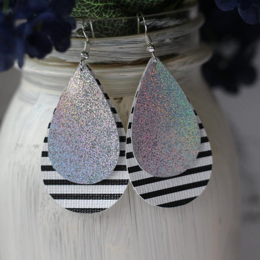 Silver Holographic & Striped Print Faux Leather Earrings