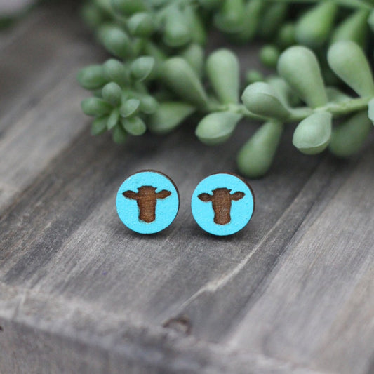 Aqua Cow Wooden Stud Earrings