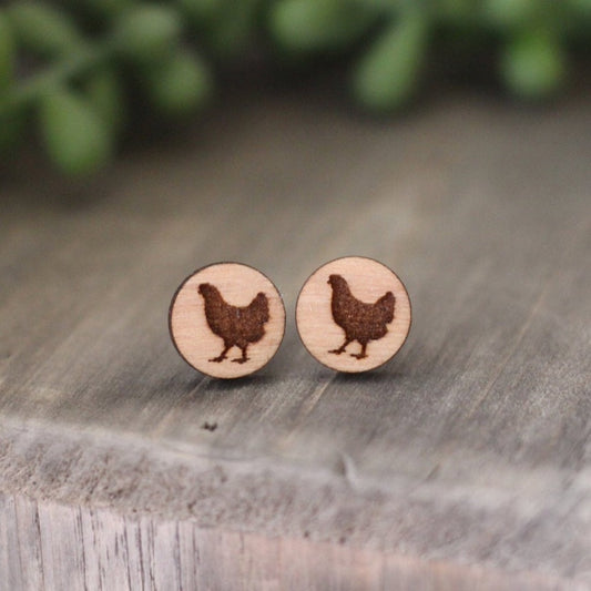 Wooden Chicken Stud Earrings