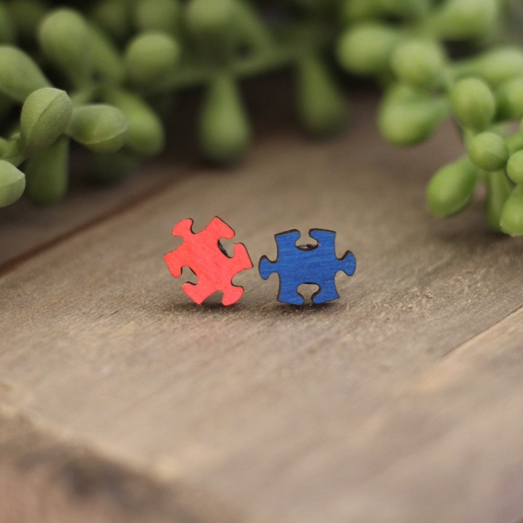 Mismatched Autism Awareness Puzzle Piece Wooden Stud Earrings