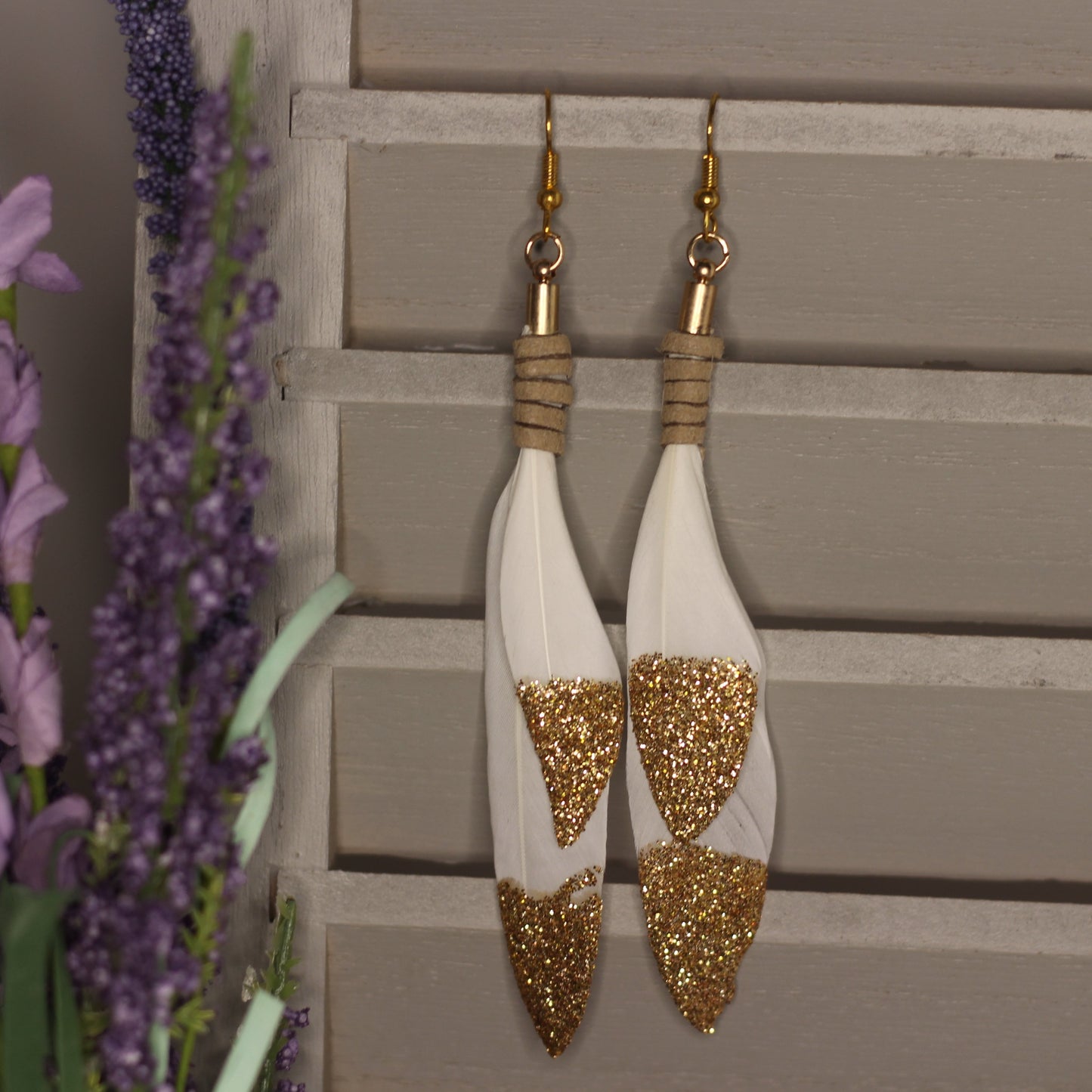 Gold Glitter Dipped Feather Earrings