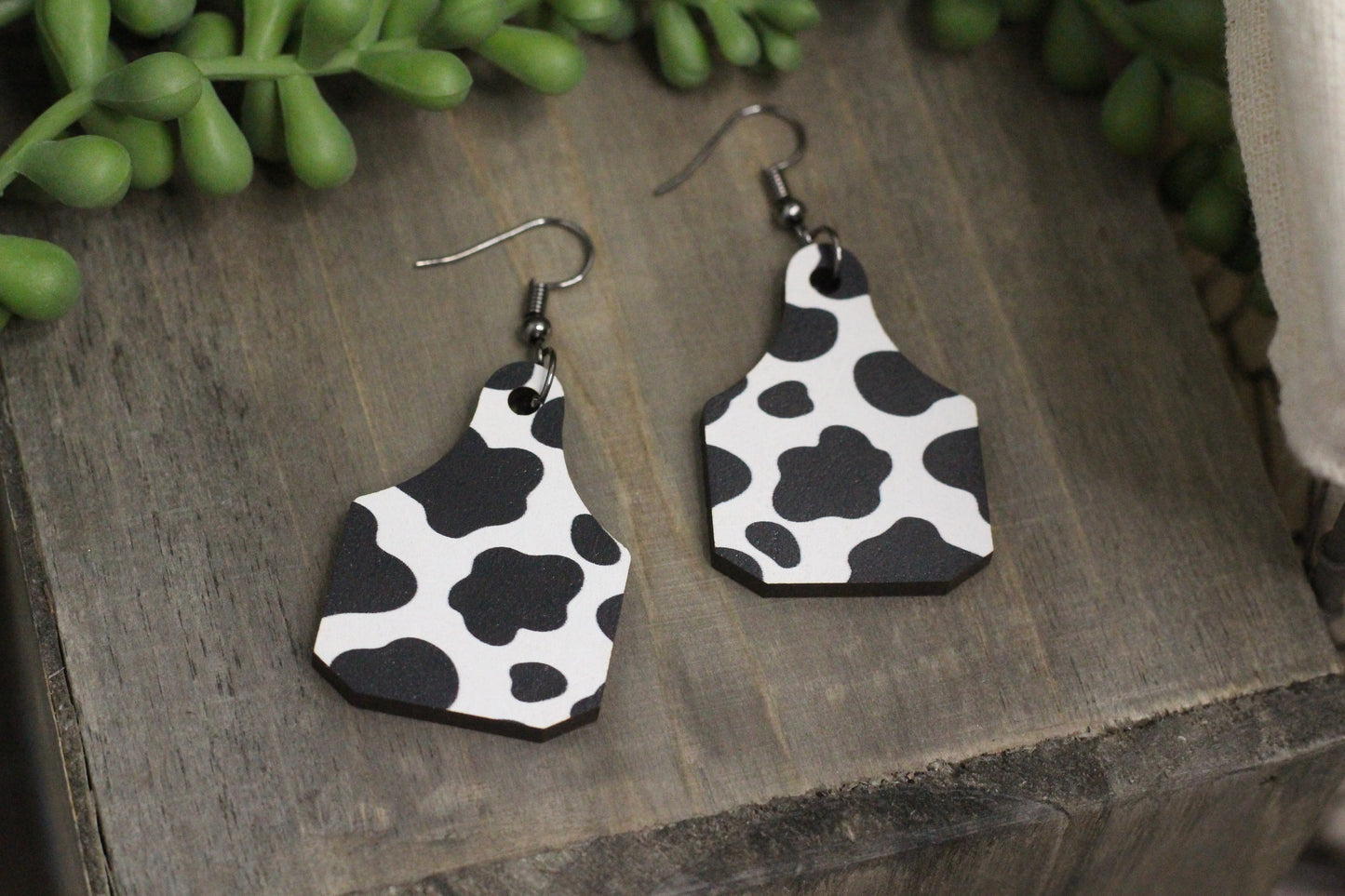 Cow Print Tag Wooden Earrings