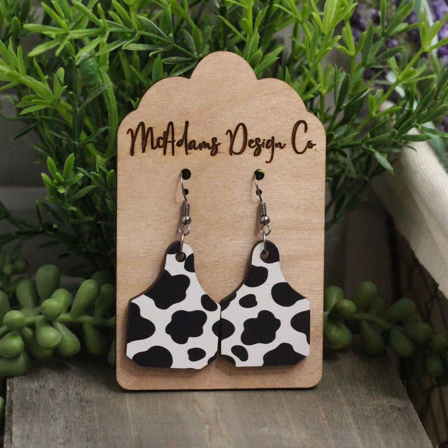 Cow Print Tag Wooden Earrings