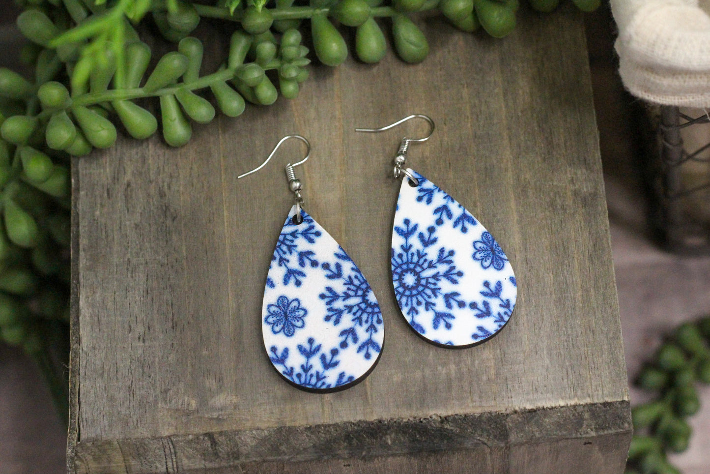 Blue China Floral Wooden Earrings