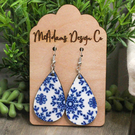 Blue China Floral Wooden Earrings