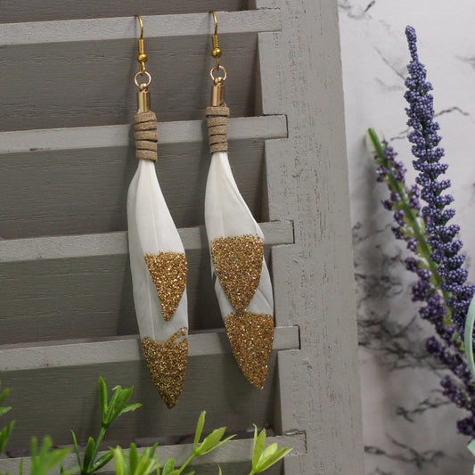 Gold Glitter Dipped Feather Earrings