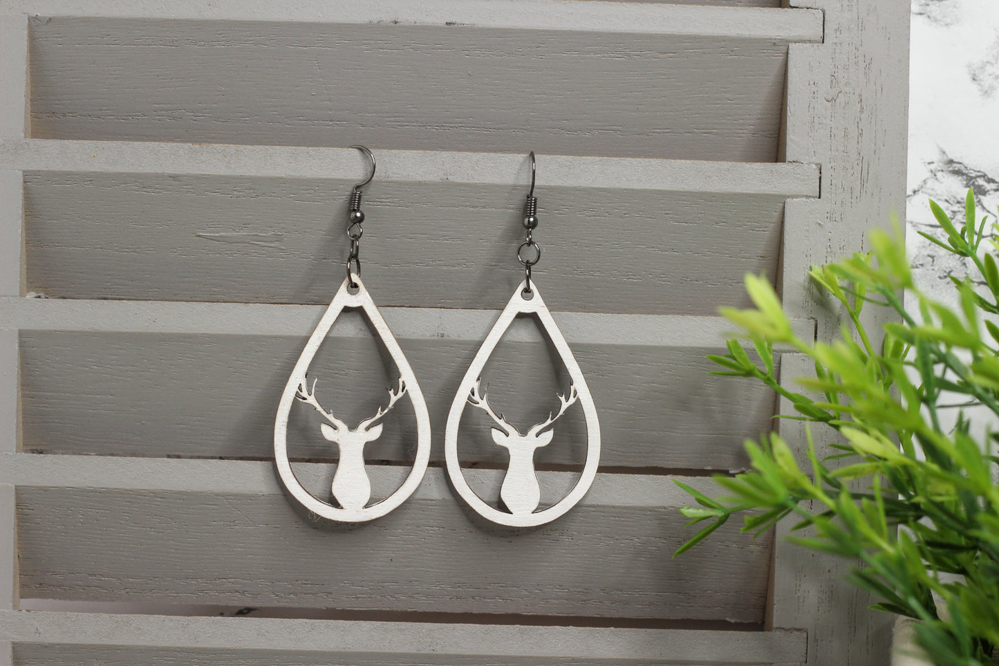 White Reindeer Wooden Earrings
