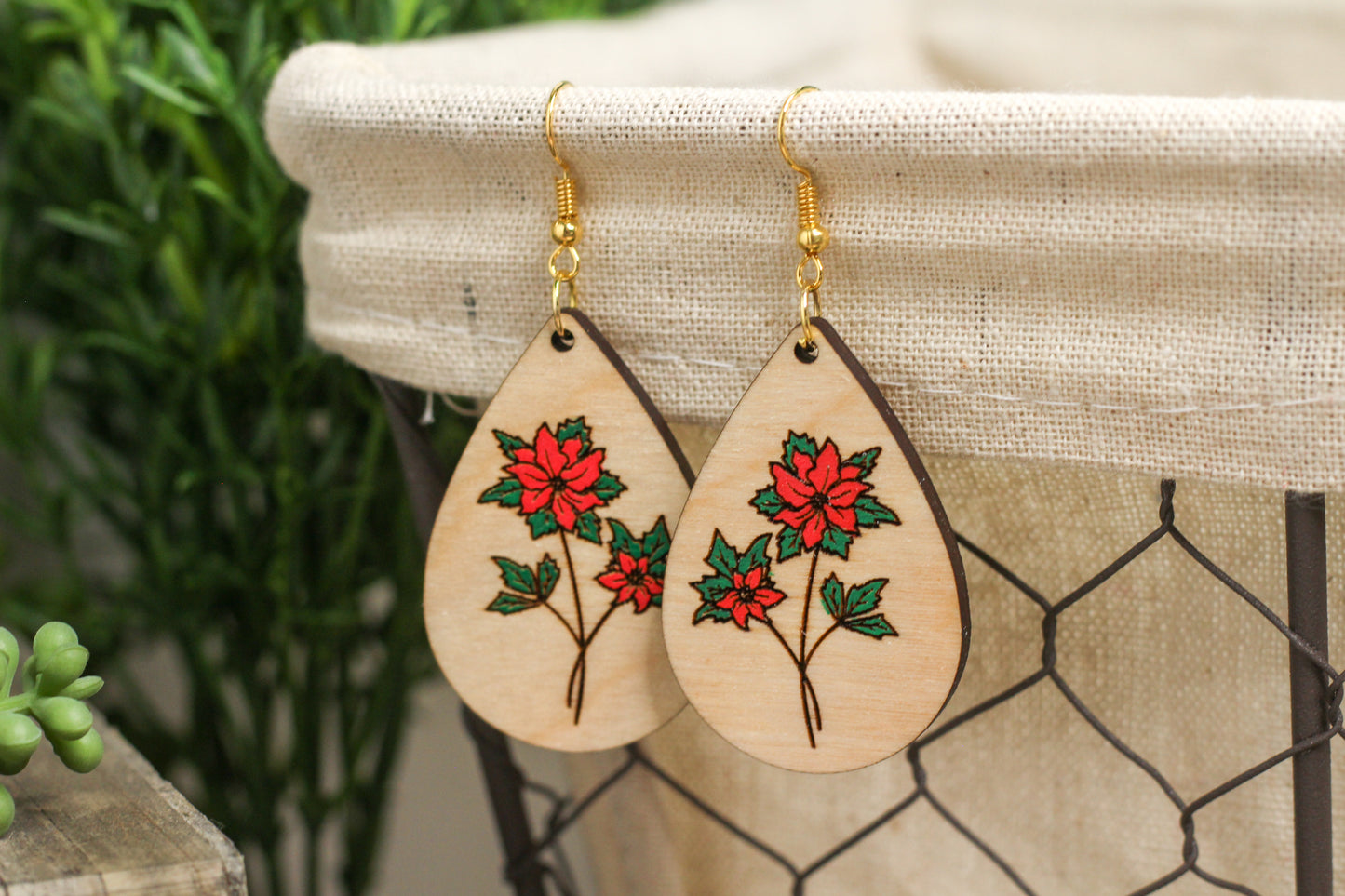 Poinsettia Wooden Earrings