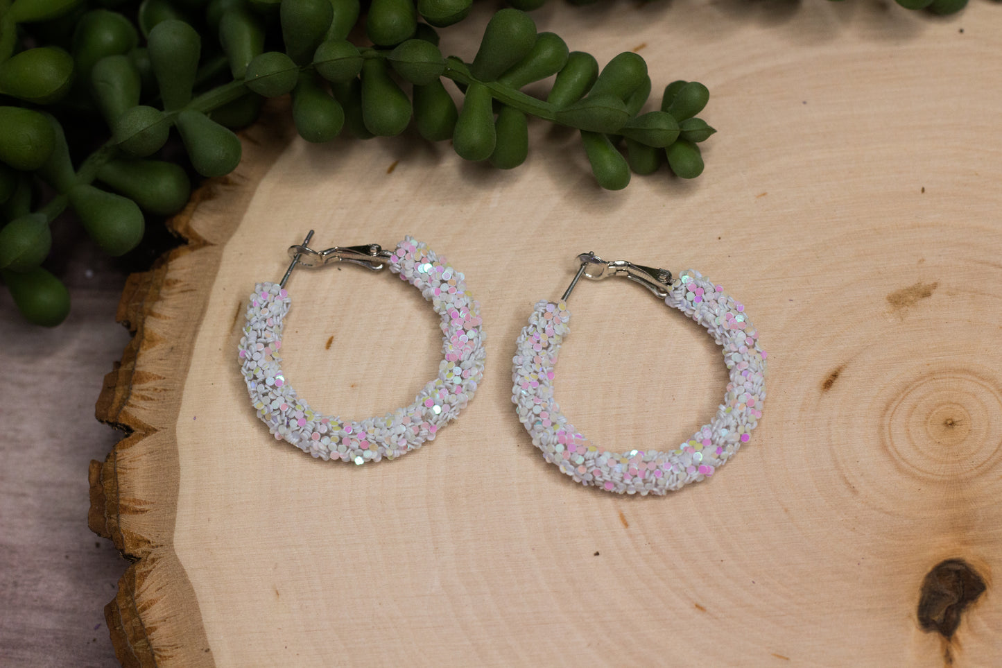 Glitter Hoop Earrings - White