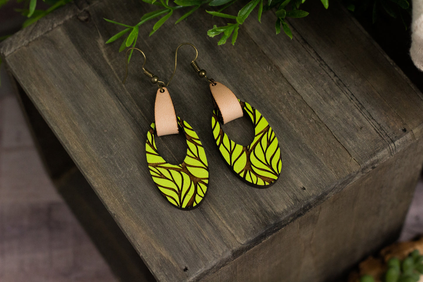 Painted Leafy Wooden Earrings