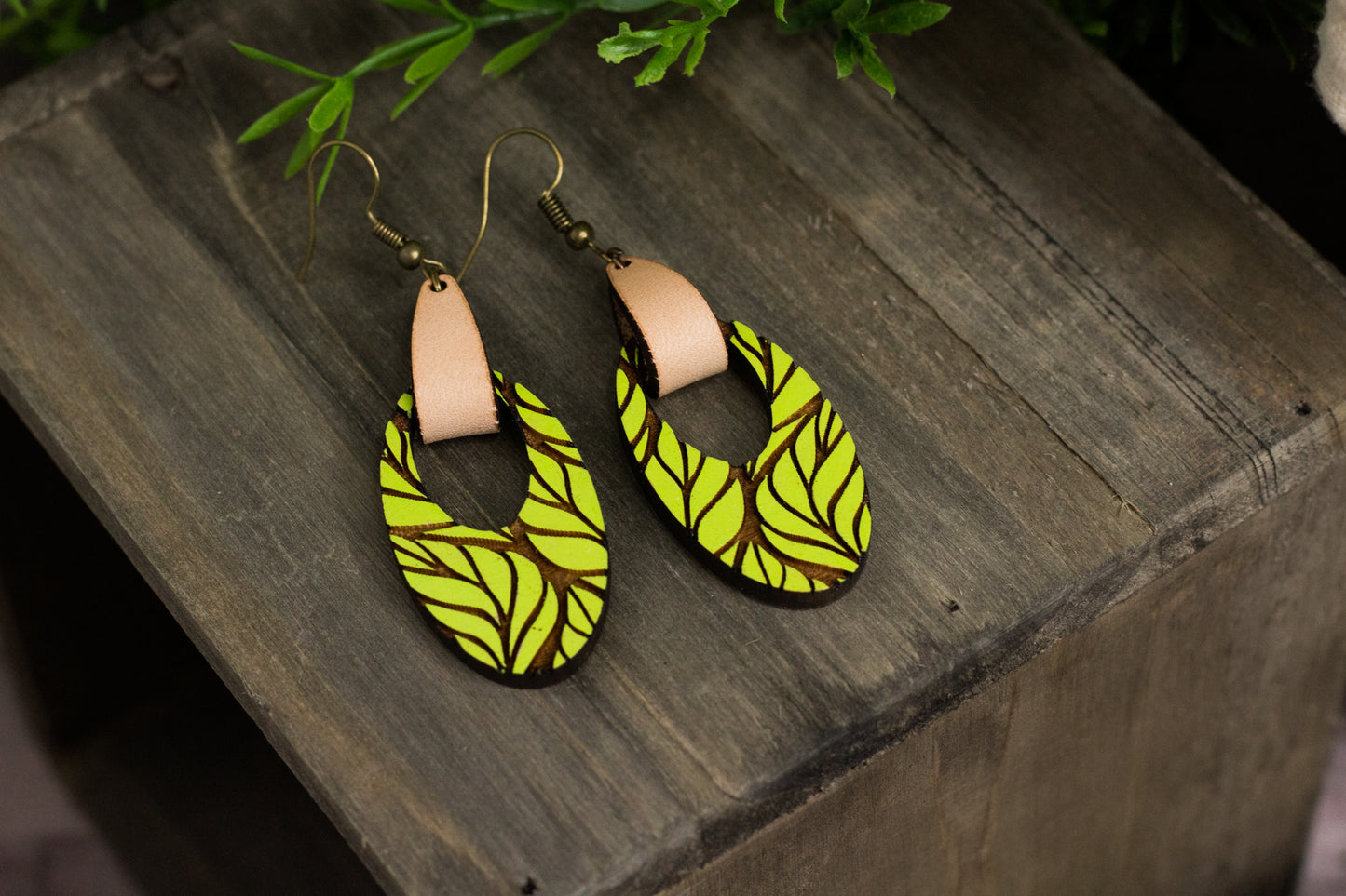 Painted Leafy Wooden Earrings