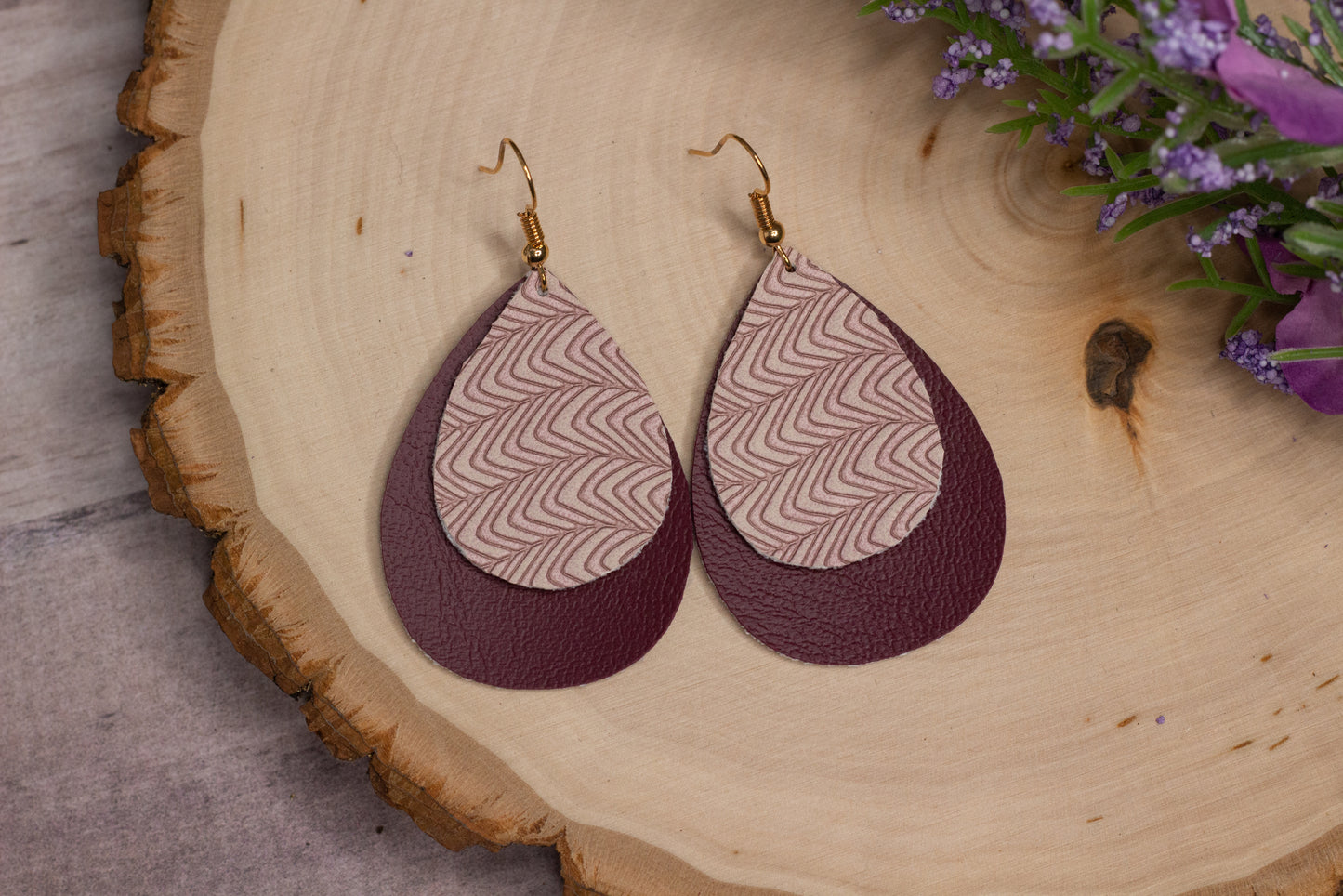 Textured Pink and Maroon Faux Leather Earrings