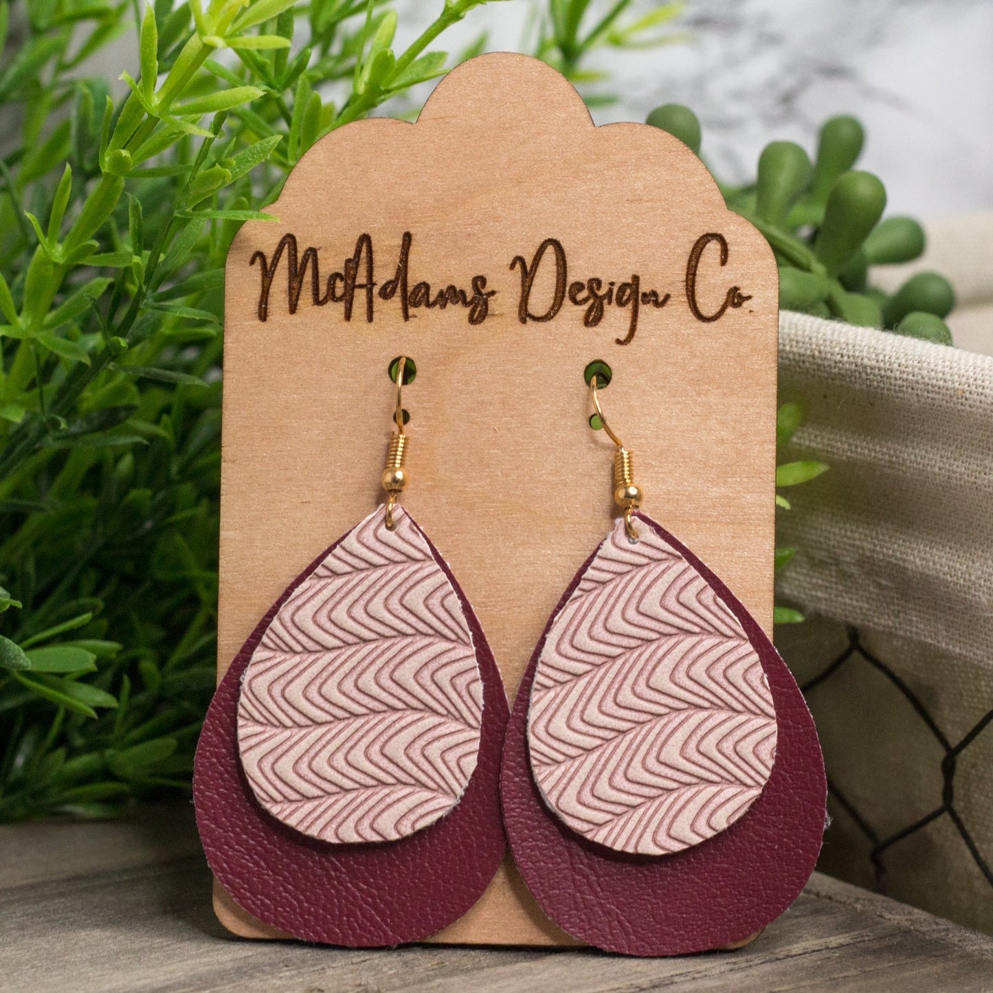 Textured Pink and Maroon Faux Leather Earrings