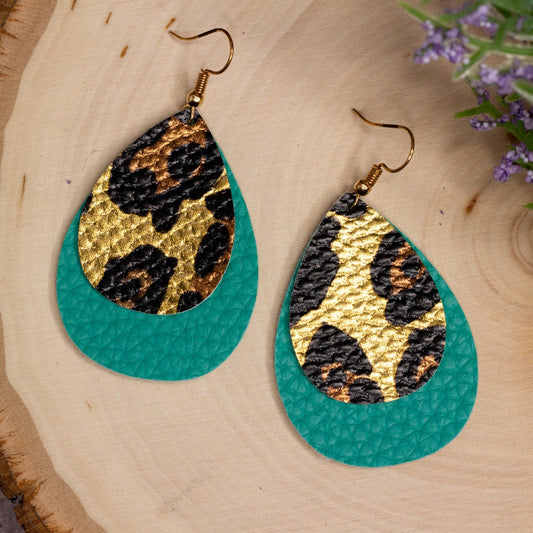 Cheetah Print and Turquoise Faux Leather Earrings