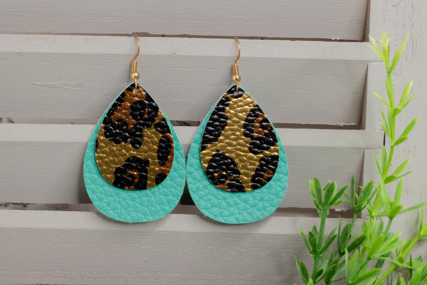 Cheetah Print and Turquoise Faux Leather Earrings