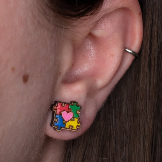 Autism Awareness Wooden Stud Earrings