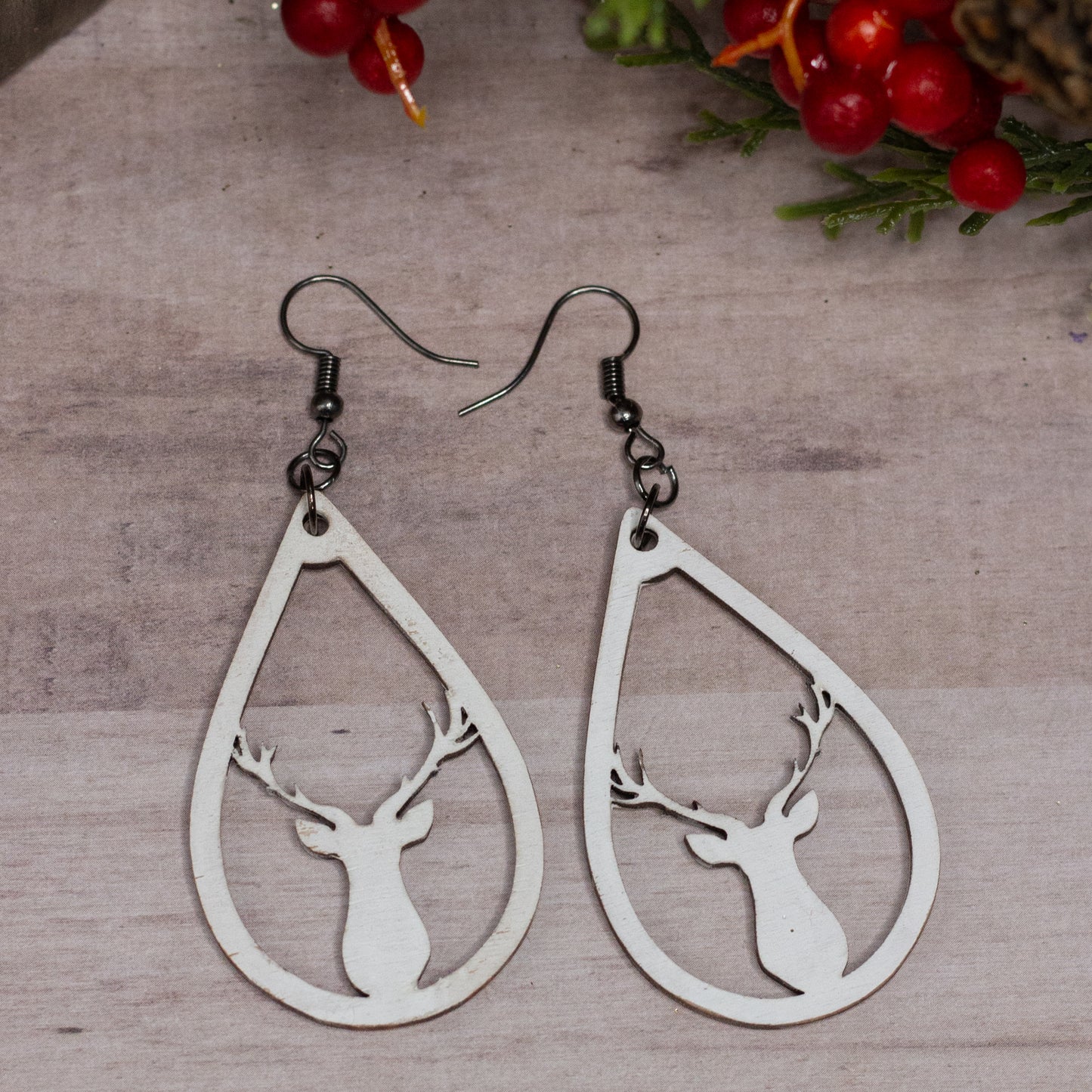 White Reindeer Wooden Earrings