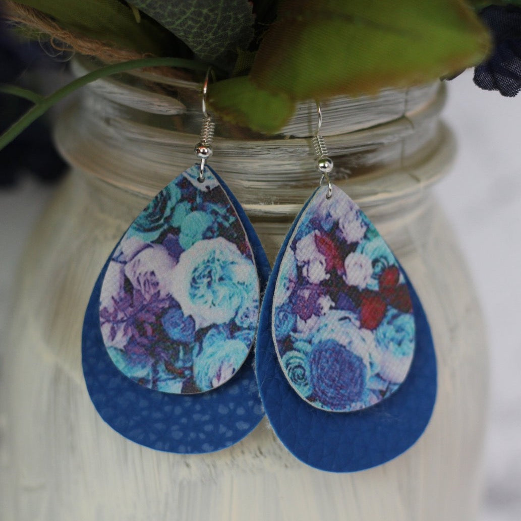 Navy Blue & Floral Faux Leather Earrings