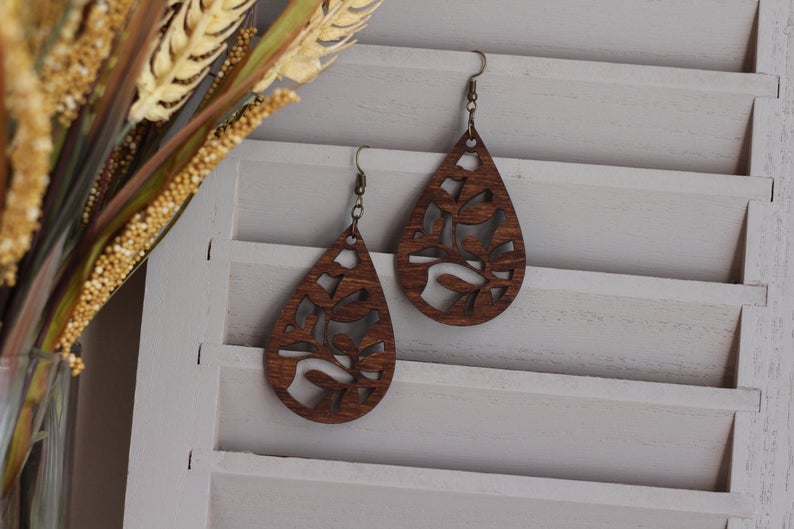 Walnut Teardrop Wooden Cutout Earrings
