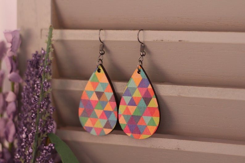 Rainbow Triangle Wooden Earrings