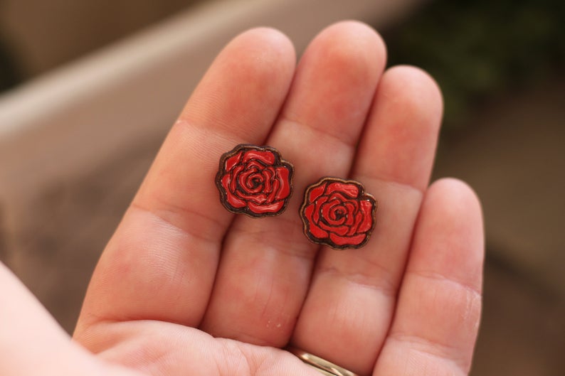 Red Rose Wooden Stud Earrings