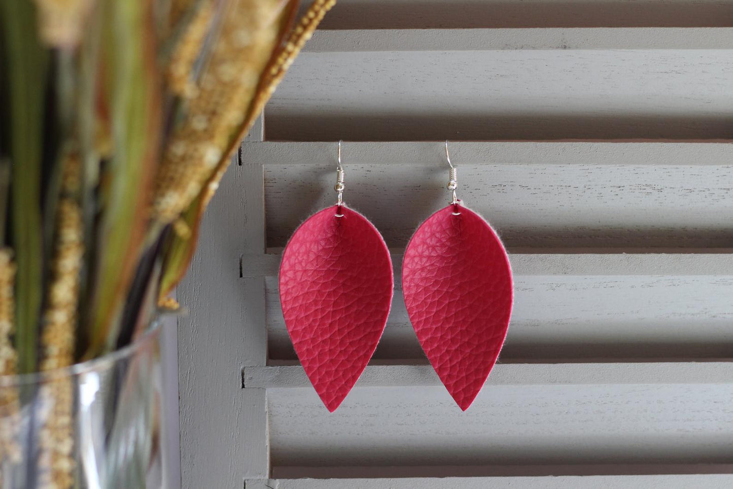 Pink Pinched Leaf Faux Leather Earrings