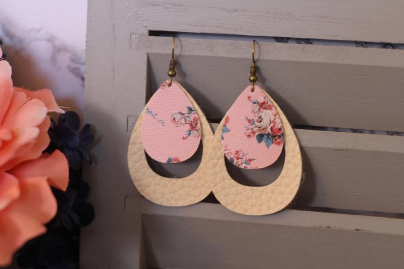 Floral and Tan Faux Leather Earrings