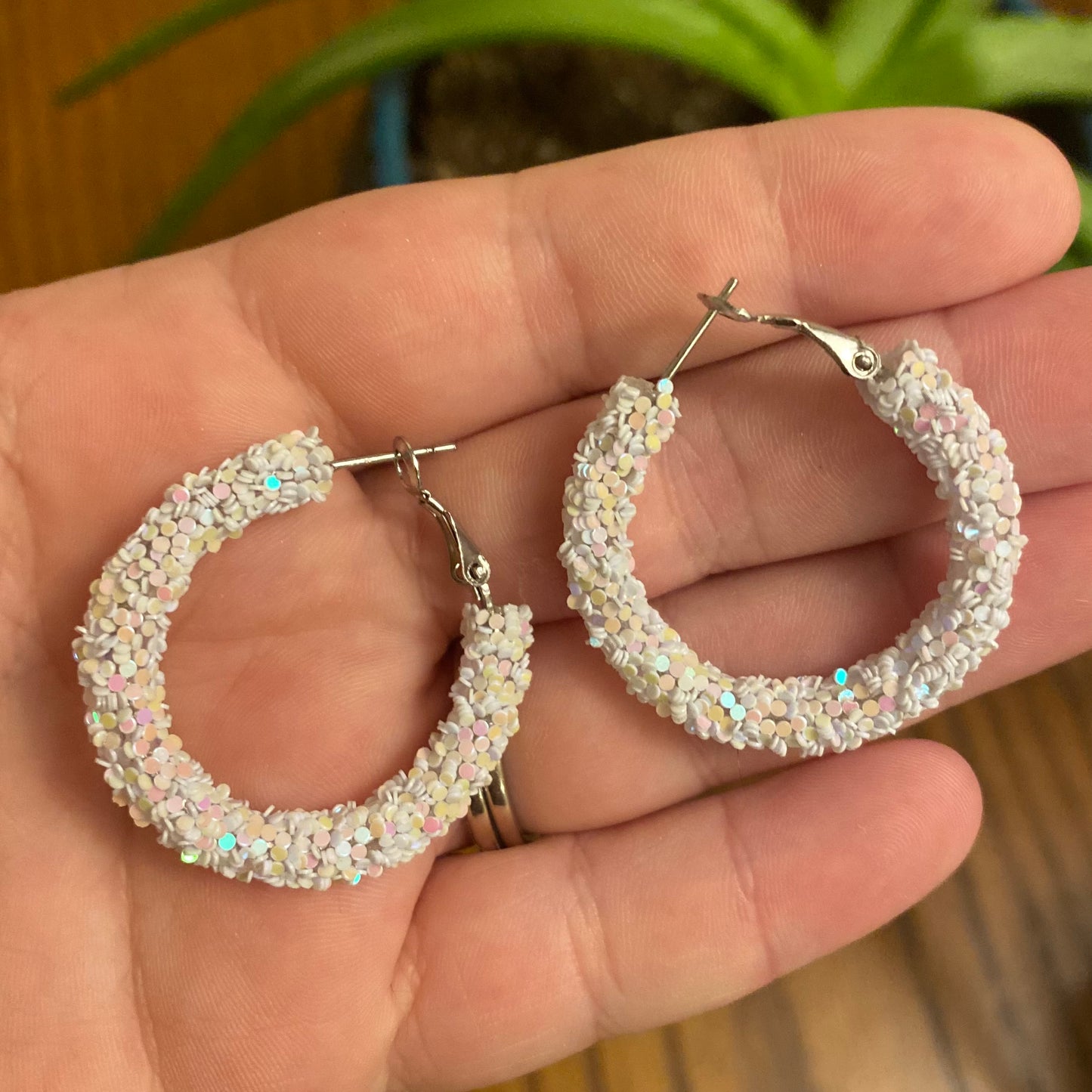 Glitter Hoop Earrings - White
