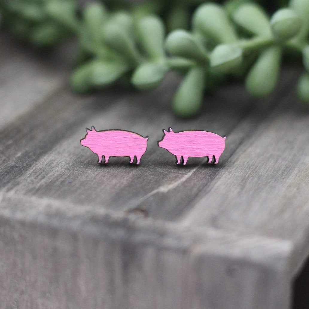 Mini Pig Wooden Stud Earrings