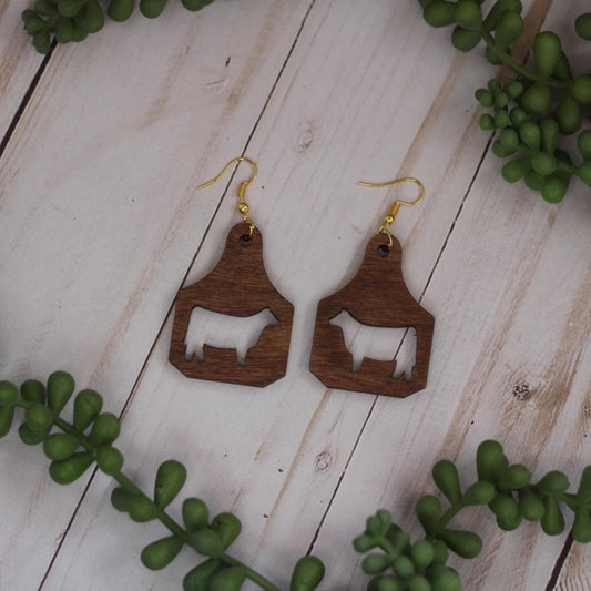 Cow Tag Wooden Earrings