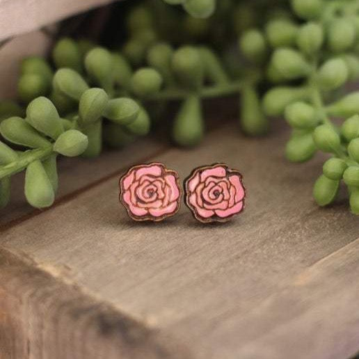 Pink Rose Wooden Stud Earrings