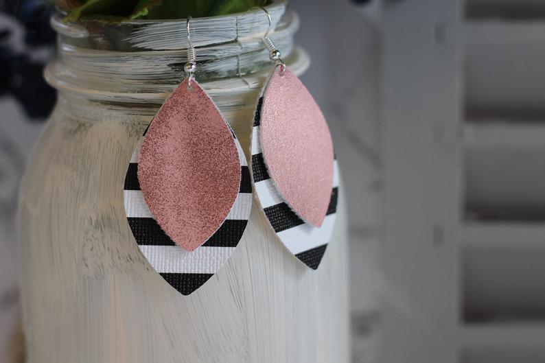 Striped and Pink Faux Leather Earrings