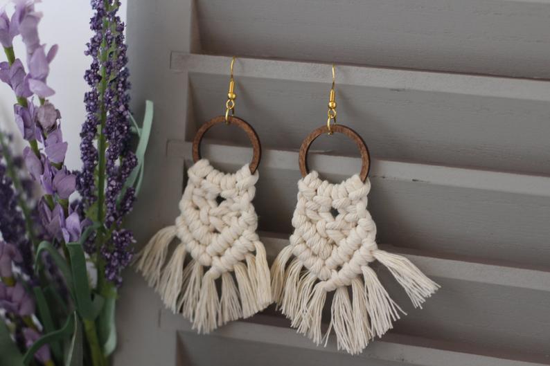 Wooden Hoop Macrame Earrings