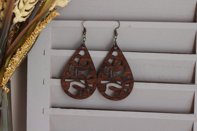 Walnut Teardrop Wooden Cutout Earrings
