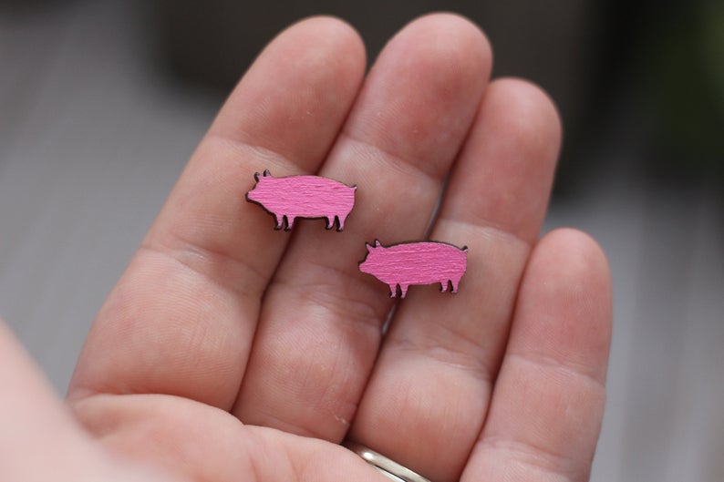 Mini Pig Wooden Stud Earrings