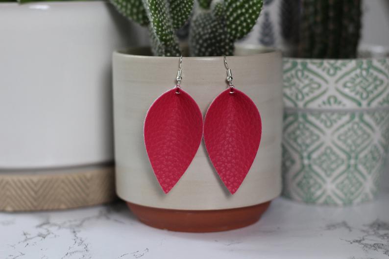 Pink Pinched Leaf Faux Leather Earrings