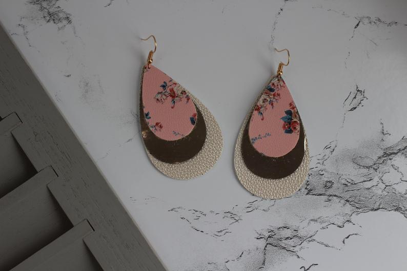 Floral Print & Metallic Gold Faux Leather Earrings